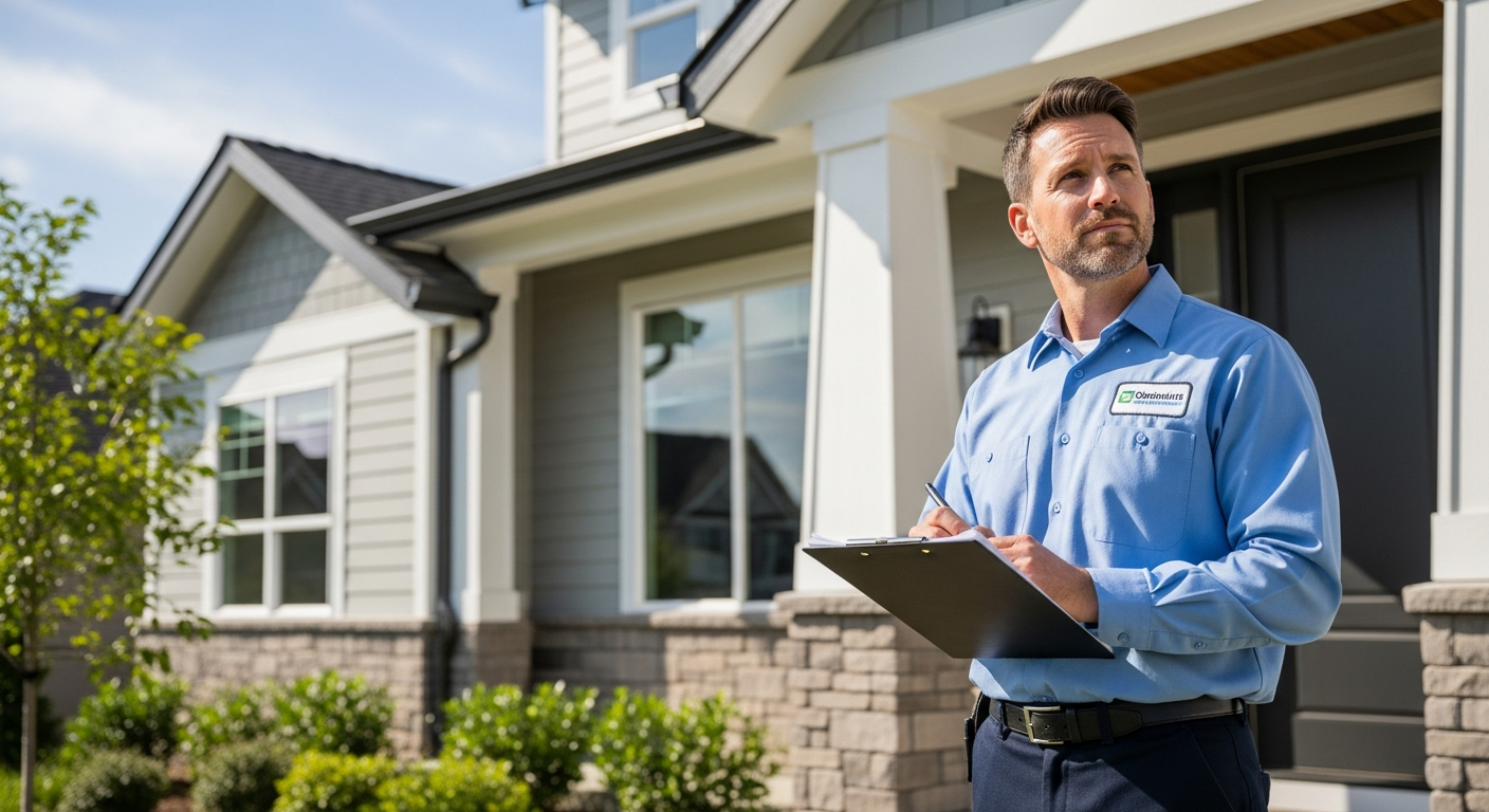 Experienced contractor inspecting home gutters and exterior drainage system